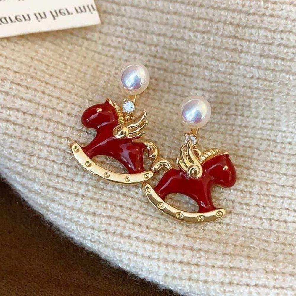 Chinese Horse New Year Cartoon Horse Earrings Zodiac Pony Red Drop Earrings  Lady