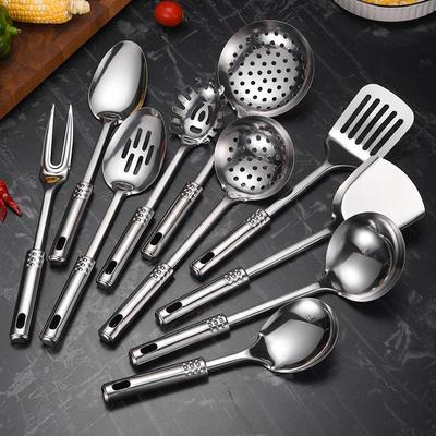 7-Piece Stainless Steel Kitchen Utensil Set: Spoon, Spatula, Slotted Spatula, Strainer, Ladle, Rice Spoon, Flour Sifter, and Meat Fork
