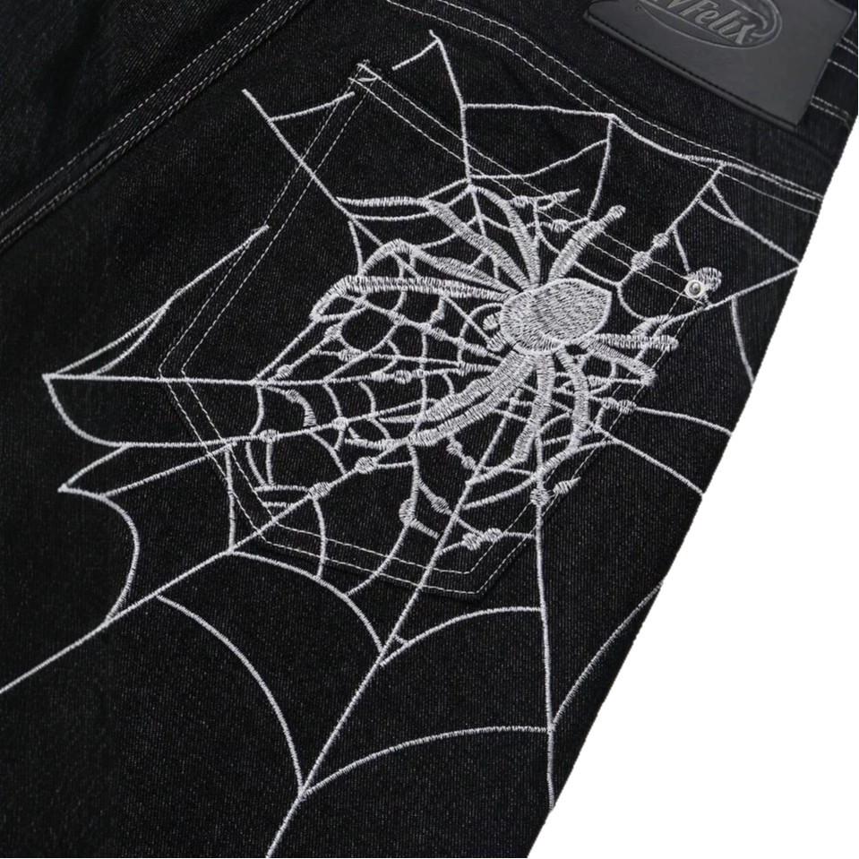 Trendy Brand Spider Web Embroidery Loose Straight Jeans Men's Personality Street Jeans Cotton
