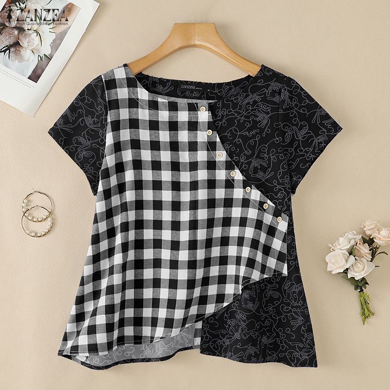 ZANZEA Women Casual Round Neck Summer Short Sleeve Print Blouse