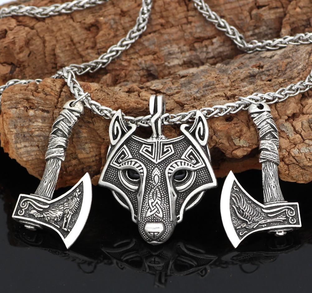 Nordic Viking Axe with Raven and Wolf Head Design, Includes Celtic Wolf Pendant Necklace