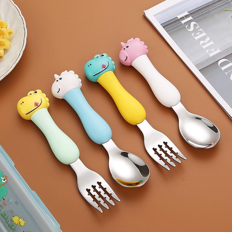 304 Stainless Steel Baby Tableware Set - Includes Spoon, Fork, Anti-Fall Cute Cartoon Chopsticks for Kids