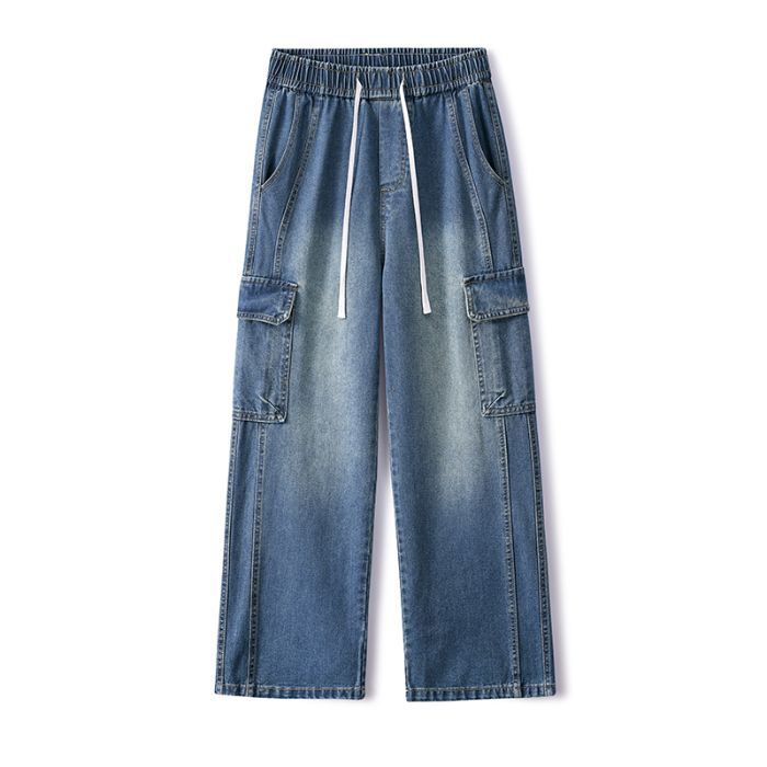 American retro trendy brand loose straight jeans men's spring and summer new wide-leg casual tooling trousers