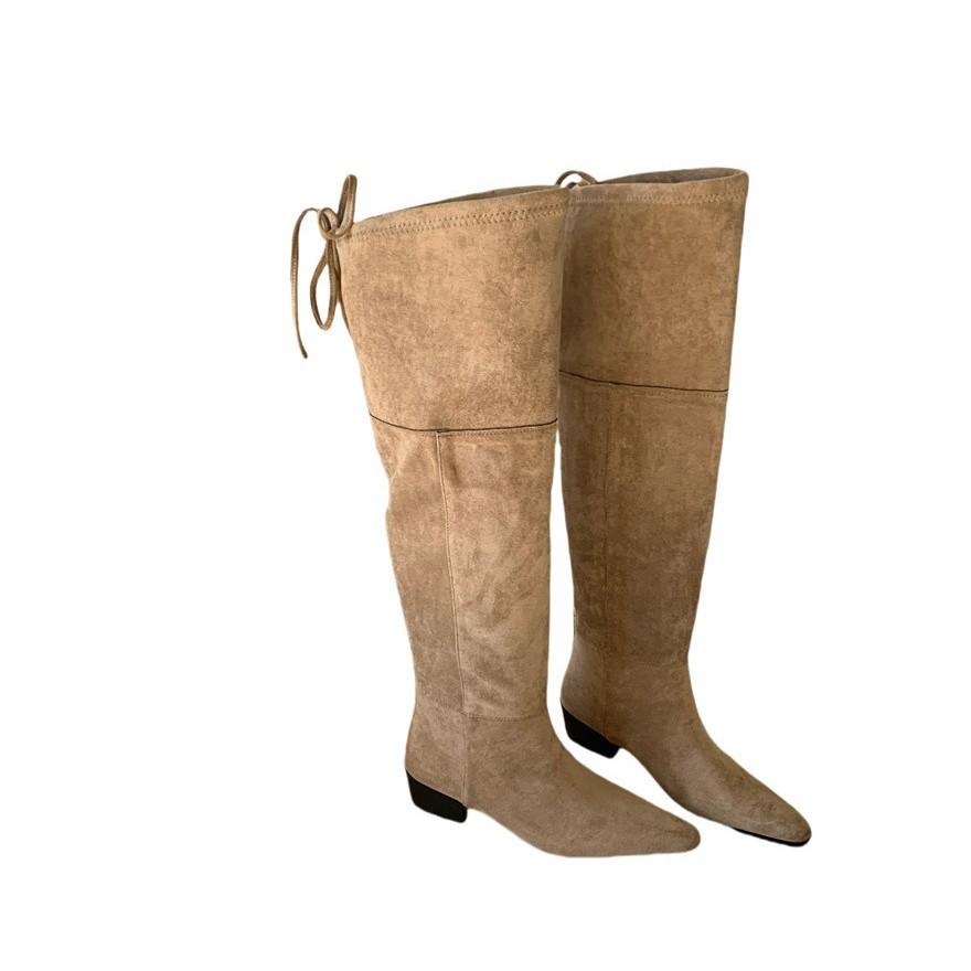 Over-knee women's boots 23 autumn and winter thick heel strap-up high elastic boots 3cm suede flat-bottomed knight boots