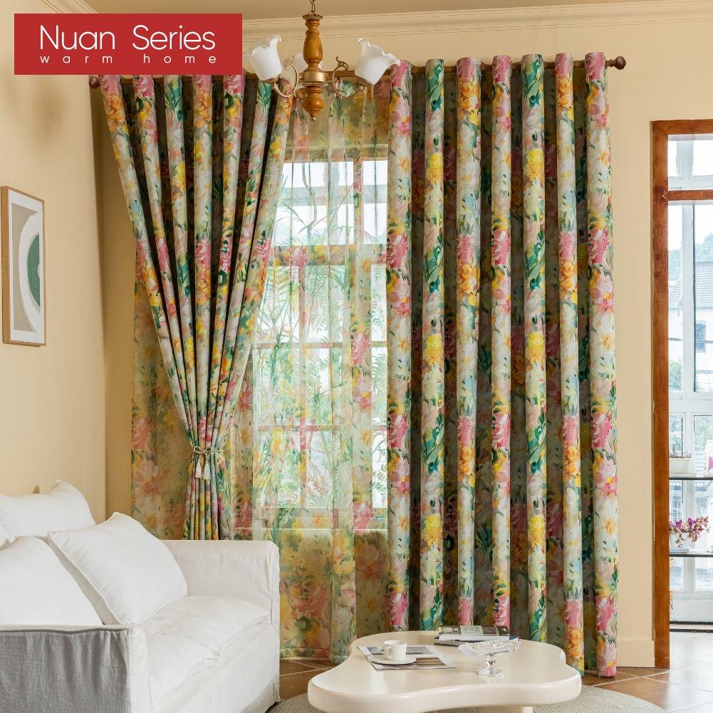 1 Stück Nuan Serie Europäischer Pastoralstil Bedruckte Bunte Vorhänge Vollverdunklungsvorhänge für Schlafzimmer Wohnzimmer Balkonfenster zur Heimdekoration