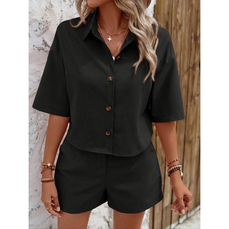 Western Style Fashion Casual Loose Short Sleeve Shirts Shorts Set Loose Shirt and Shorts Set