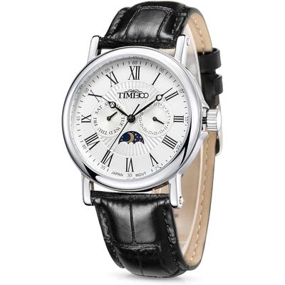 Time100 Multifunction Men's Watch Date Day Display Night Display Japanese Movement Black Leather Strap Silver