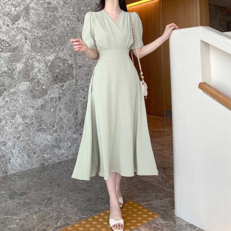 French V-neck Pleated Women's Dress with Elegant Puffed Sleeves and A Cinched Waist