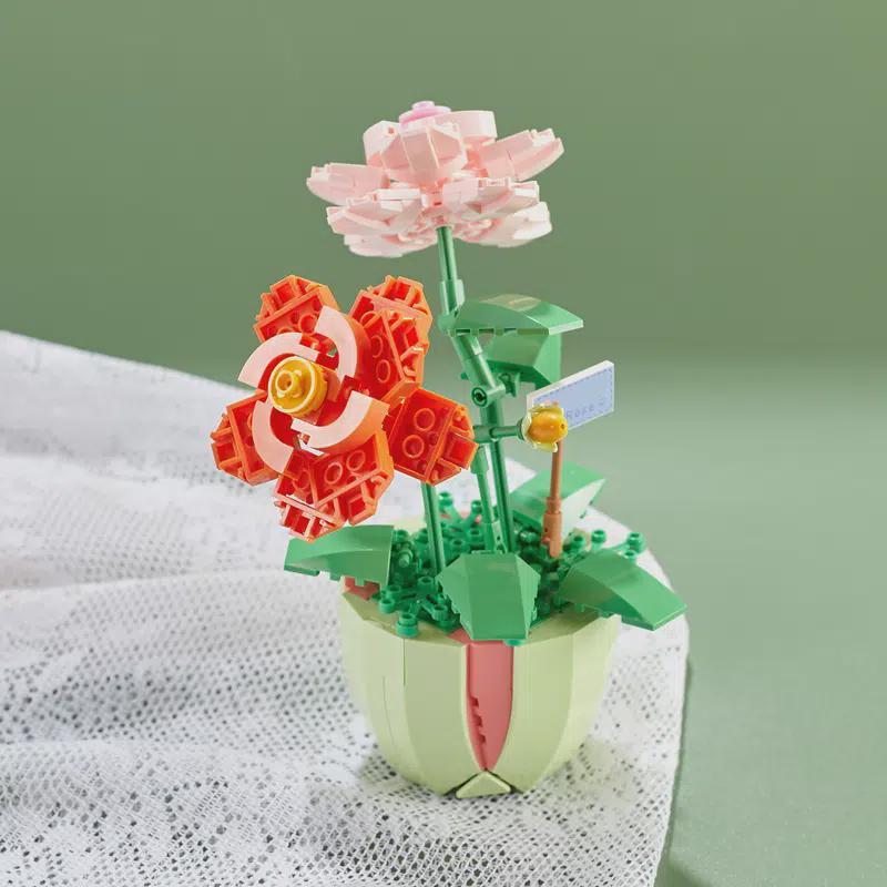 Building Block Bouquet 3D Model Home Decoration Plant Potted Chrysanthemum Rose Flower Assembly Brick Toy