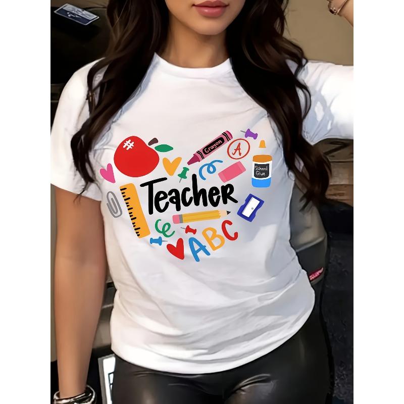 

Letter Cartoon Print Women s Round Neck Pure Cotton T-shirt, Simple Design, Comfortable and Breathable, Versatile Essential 4XL білий