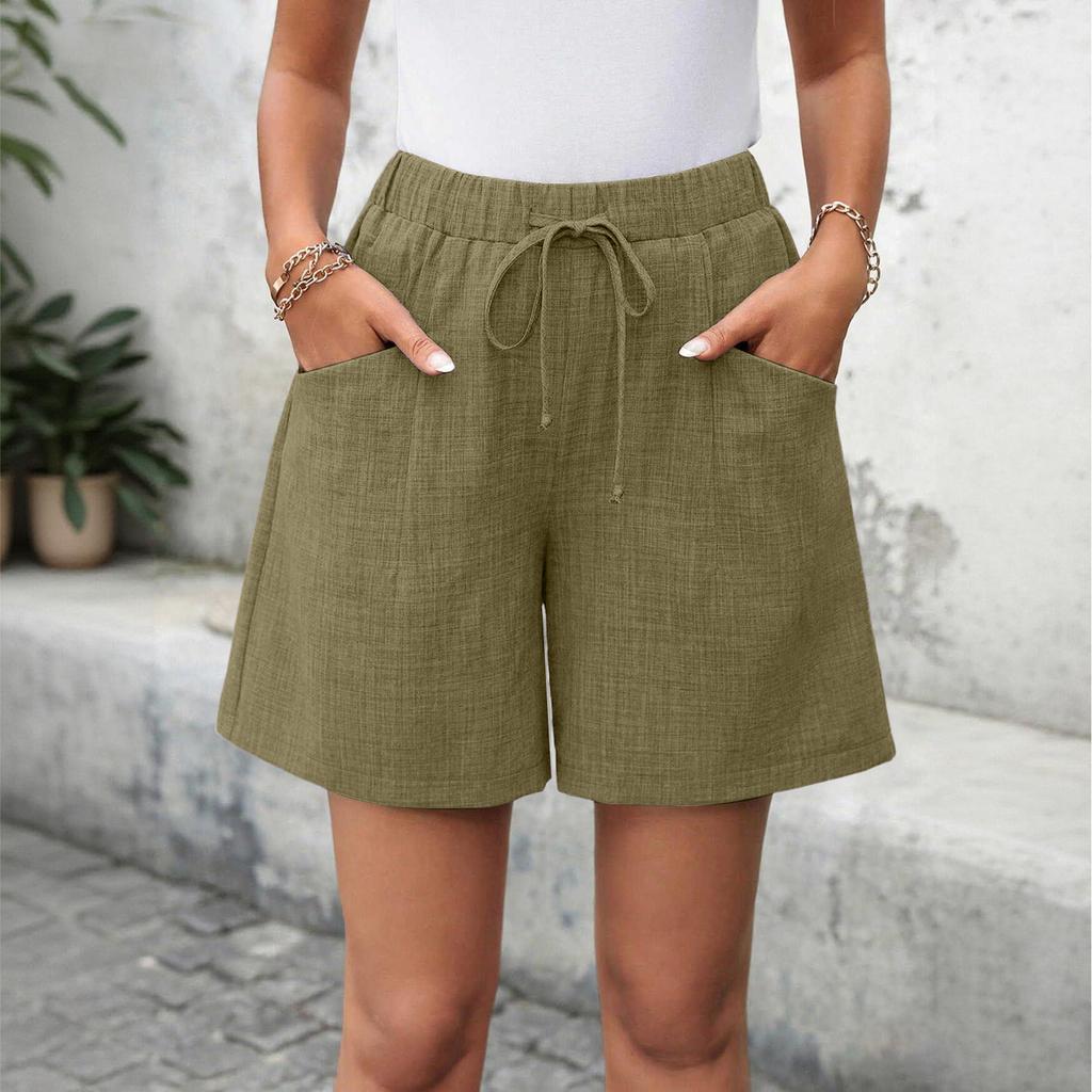 Women's Casual Linen Shorts Elastic Waisted Drawstring Summer Shorts With Pockets