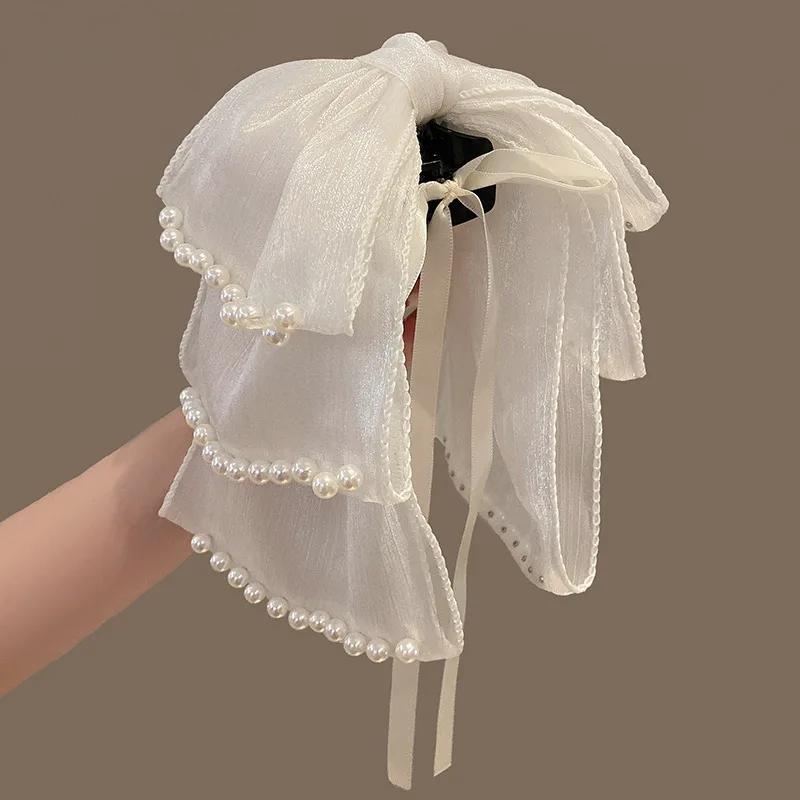 Woman Large Three-layers Gauze Pearl Ribbon Bowknot Hair Claws Lady Hairpins Barrettes Gilrs Elegant Hair Clips Hair Accessories