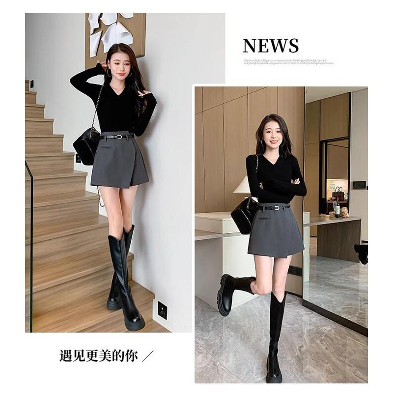 Womens Gray A-Line High-Waist Wide-Leg Skort With Zipper Detail Lightweight Stretchy Midi Skirt Fall Winter