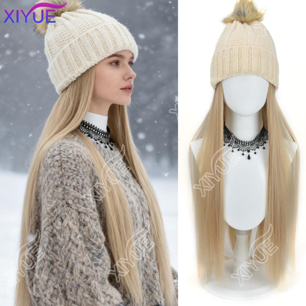 XIYUE Long Synthetic Straight Dark Brown Wigs with Hat Cap Adjustable Hair Wig with Hats for Ladies and Girls Daily Winter Wear