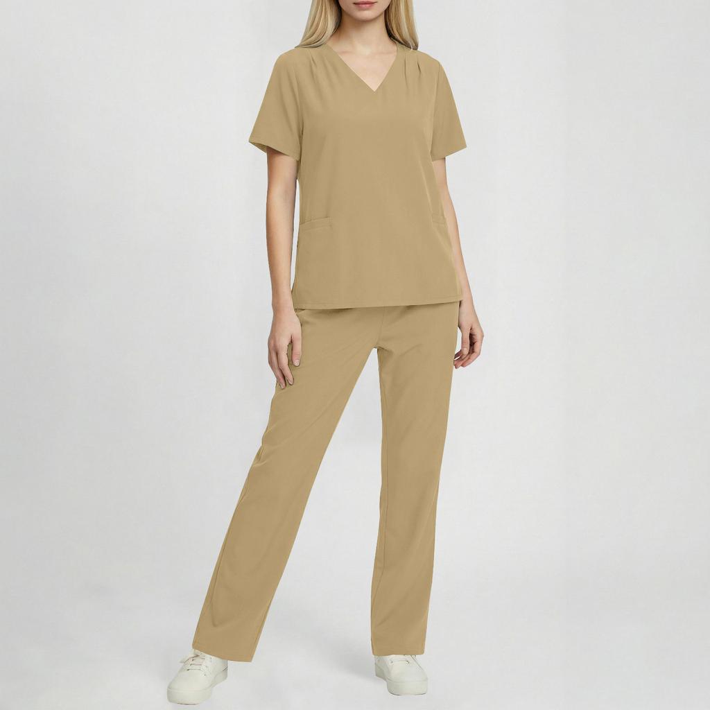 Mode Femme - Ensemble de Travail à Manches Courtes et Col en V de Couleur avec Poche