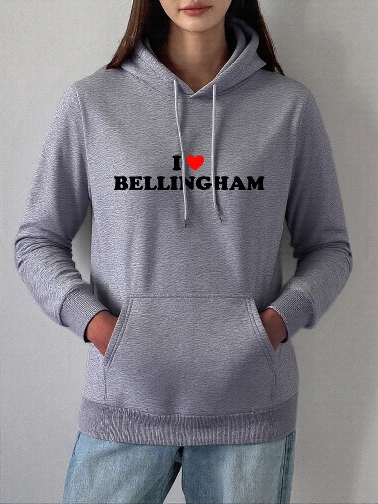 Ich liebe Bel Letter Bellingham Druck Hoodies Damen Winter Fleece Warmes Sweatshirt Lässiger Kängurutaschen-Pullover Street Locker Kleidung