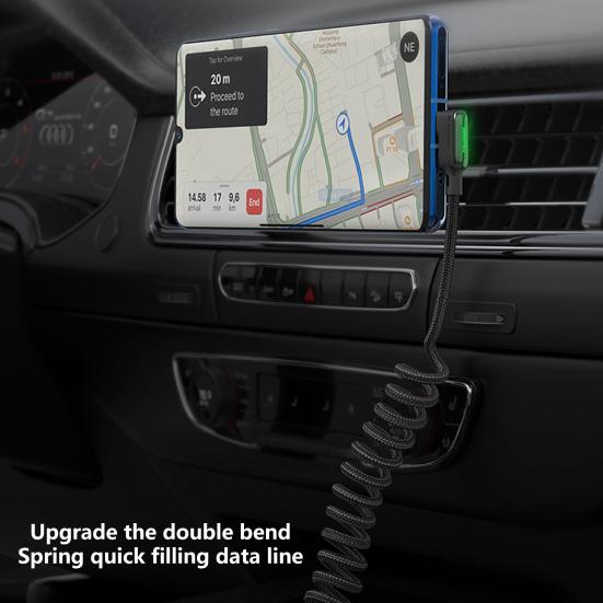 Spring Charging Cable Double Elbow QC4.0 Quick Charging 3A Stretchable Type-C Data Cord for Car