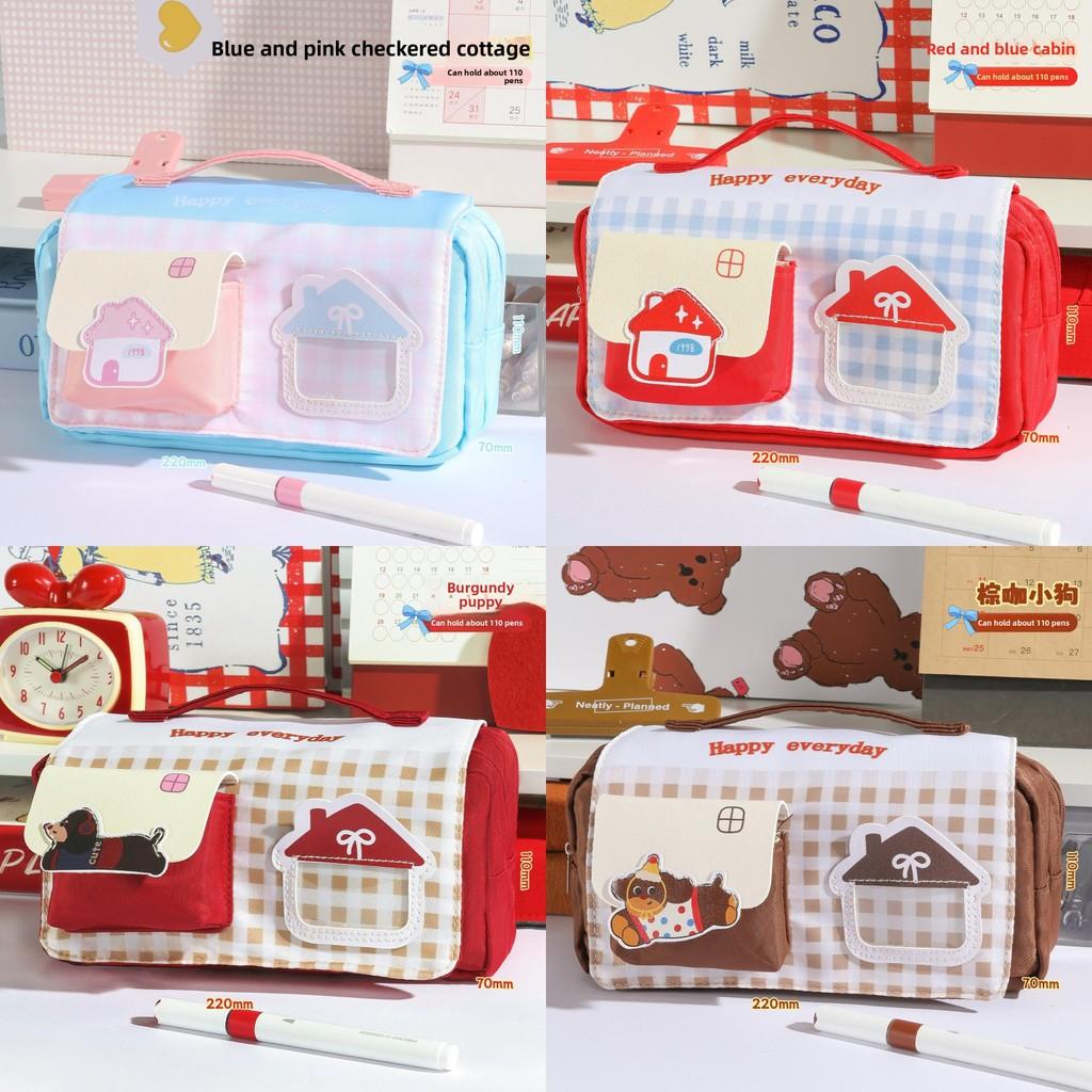 Cute Plaid Pencil Case With Large Capacity For School And Stationery Storage