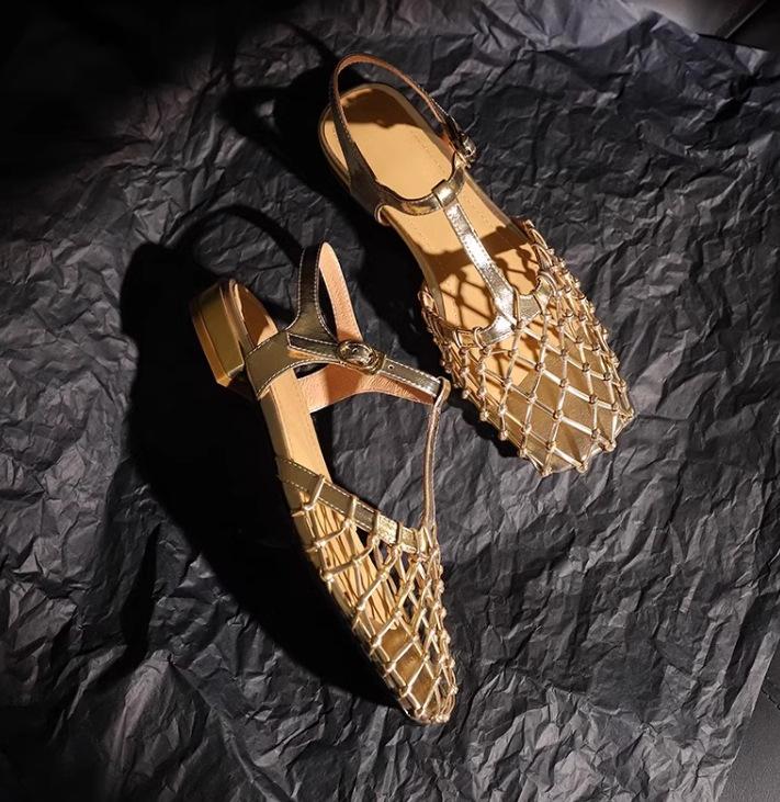 Spot French Retro Gold Hollow Mesh Silver Beautiful Bag Head Sandals Female Summer Fairy Shoes Empty Single Shoes