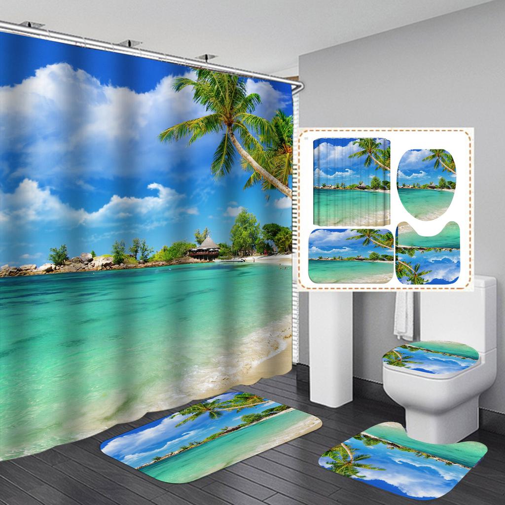 4Pcs Beach Series Shower Curtain Sets for Bathroom Non-Slip Bathroom Rugs Lid Toilet Cover Bath Mat