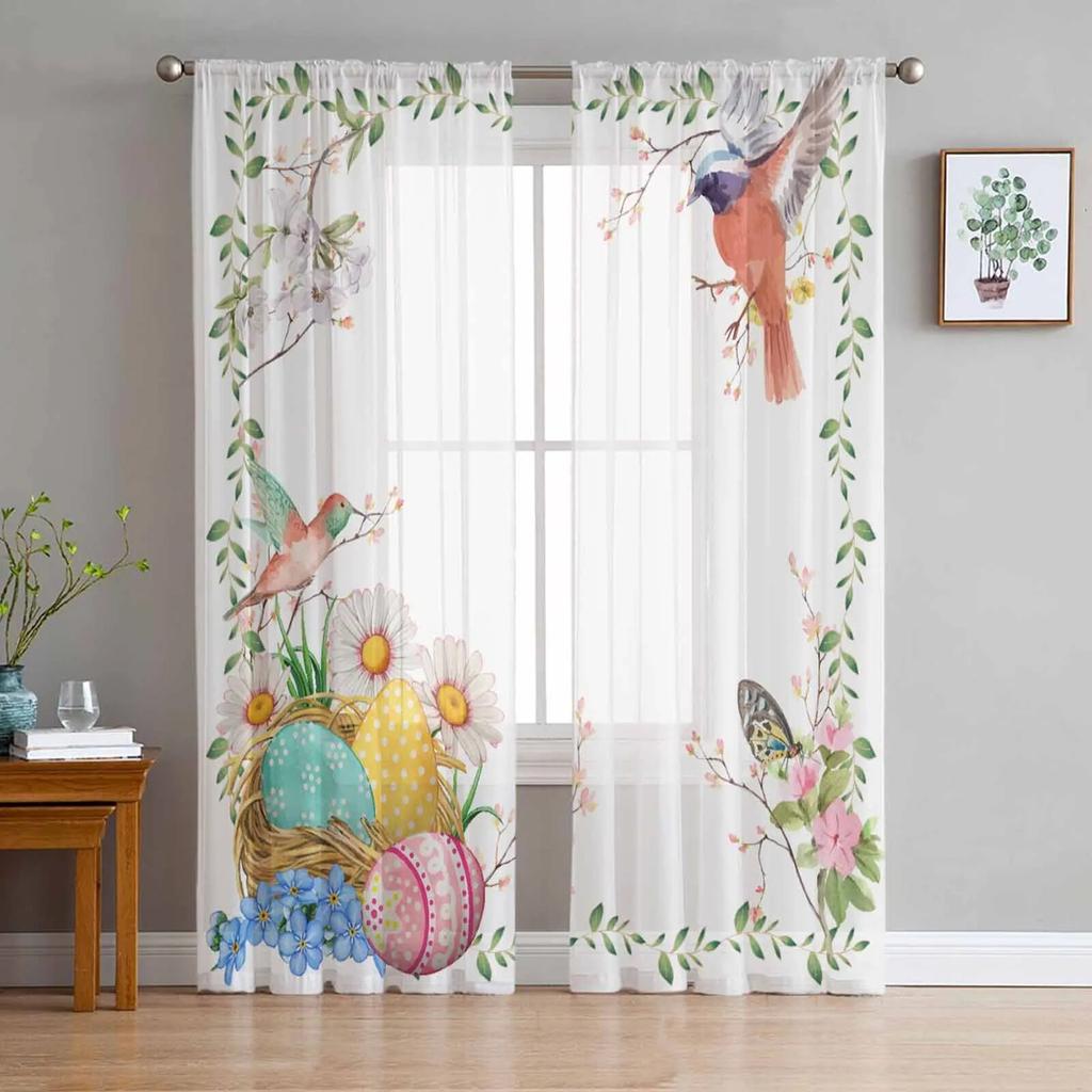 Bird Easter Eggs Plant Leaves Flowers Tulle Voile Curtains for Bedroom Living Room Window Curtain Sheer Curtains Organza Drapes