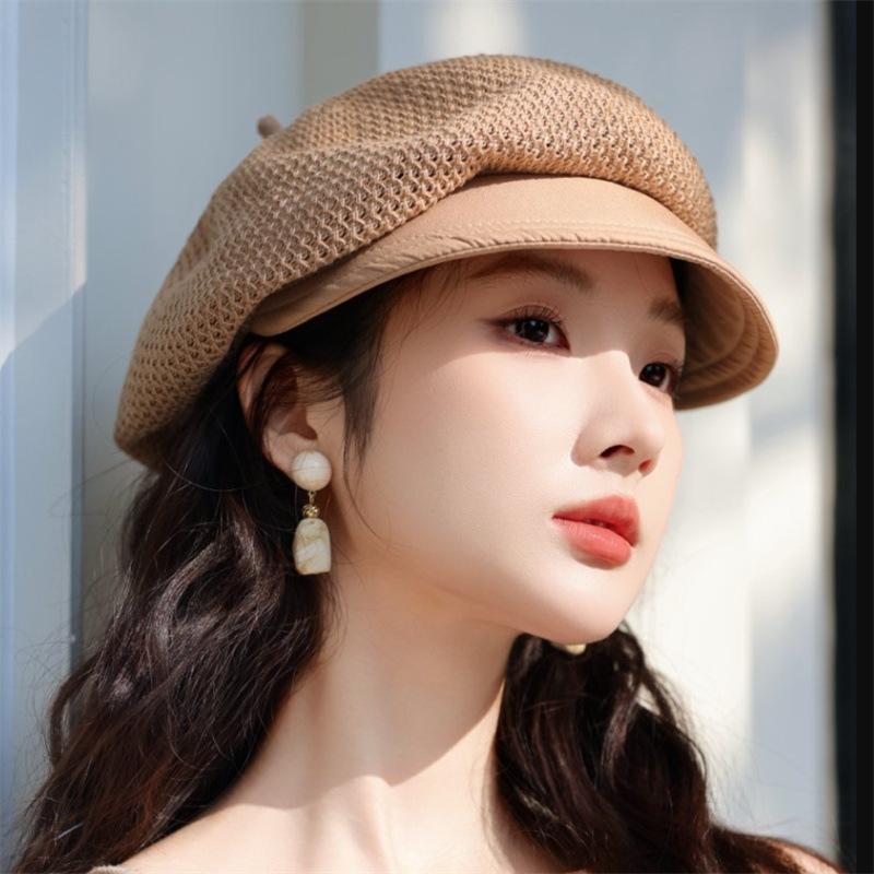 Ricygvm Summer Mesh Berets For Women Hollow Breathable Octagonal Cap Art Retro Pumpkin Hat Trendy Fashionable Girls Sun Protection Visors