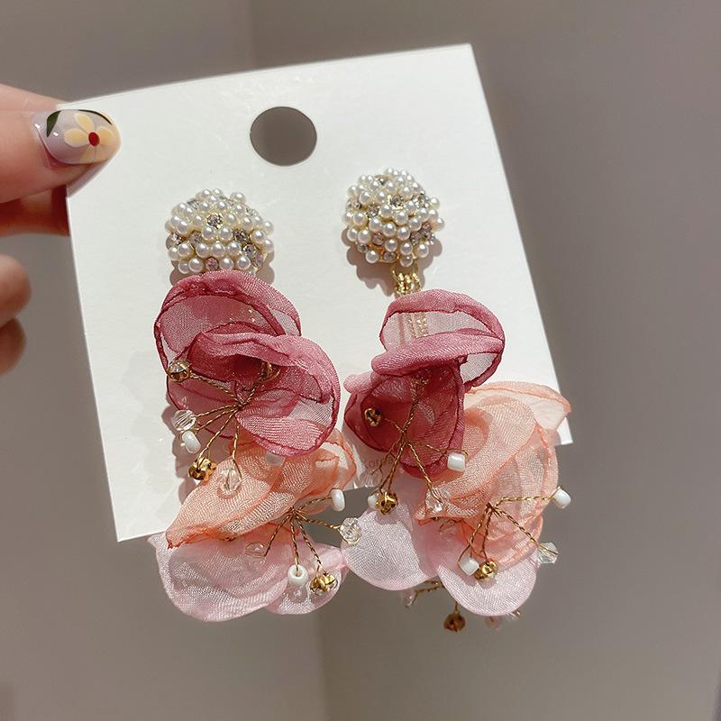 Bohemian Pink Big Chiffon Flower Earrings For Women Handmade Pearl Crystal Earrings Multi Layers Earrings Zircon