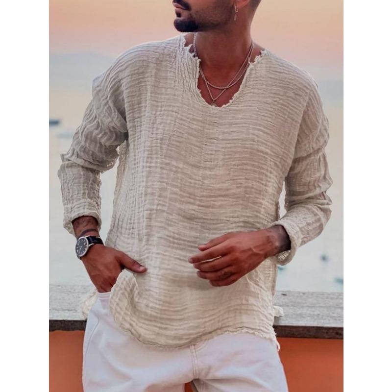 Herren S Langarm V-Ausschnitt Baumwolle Lässig Sommerhemd XL khaki