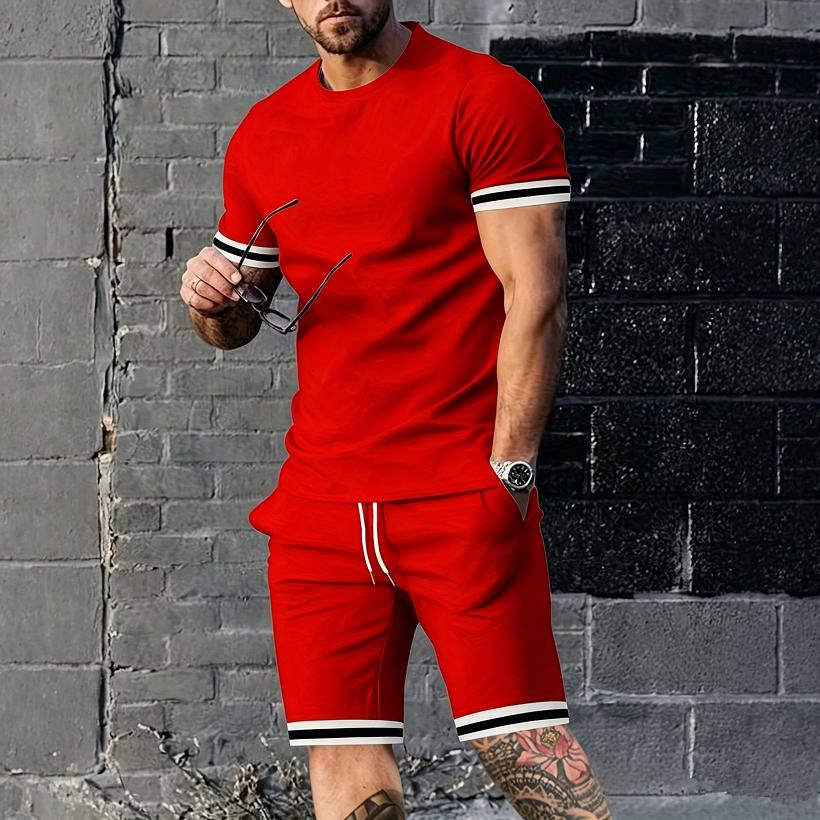 New Summer Men's Minimalist Striped Printed Comfortable and Breathable Round Neck T-shirt Shorts Set for Outdoor Casual Wear