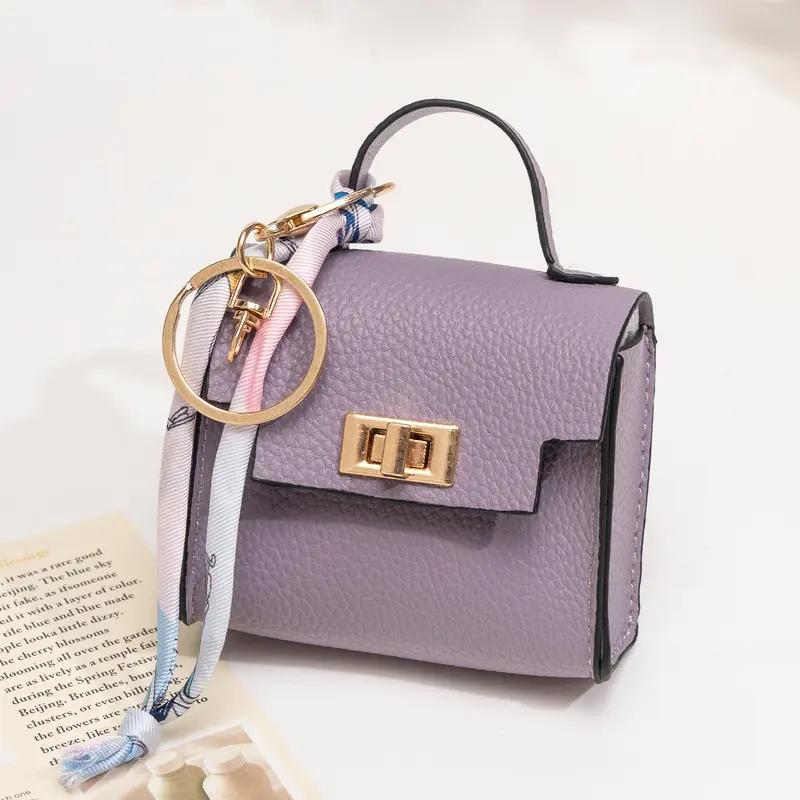 Mini Square Bag Pendant Keychain - High Quality Leather with Colorful Strap, Cute Car Keychain & Bag Charm Accessory фиолетовый
