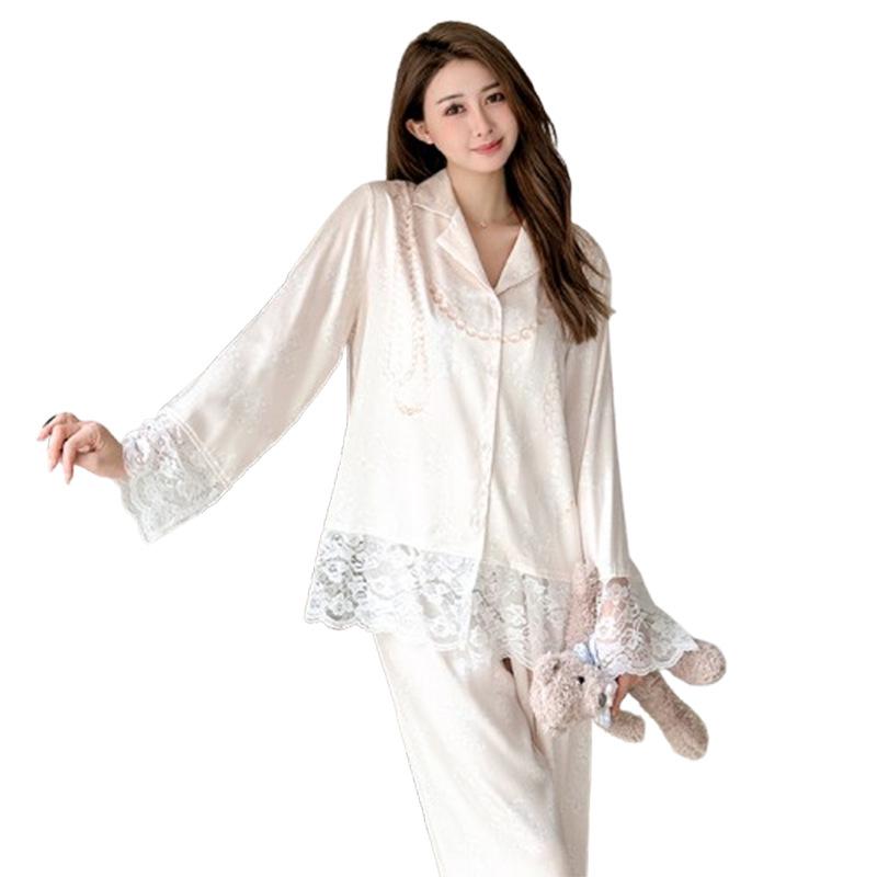 New High-end Satin Ice Silk Pajamas Women's Spring Light Luxury Long-sleeved Lace Can Be Worn Outside Loungewear Suit