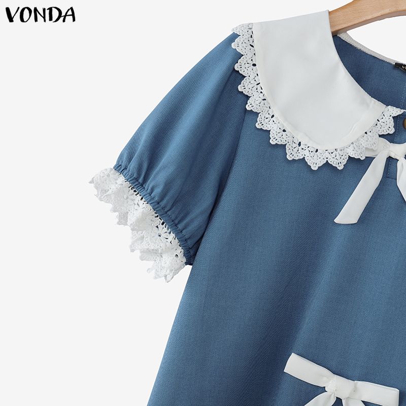 VONDA Elegant Women Turn Down Collar Lace Hem Bow Casual Short Sleeve Blouse