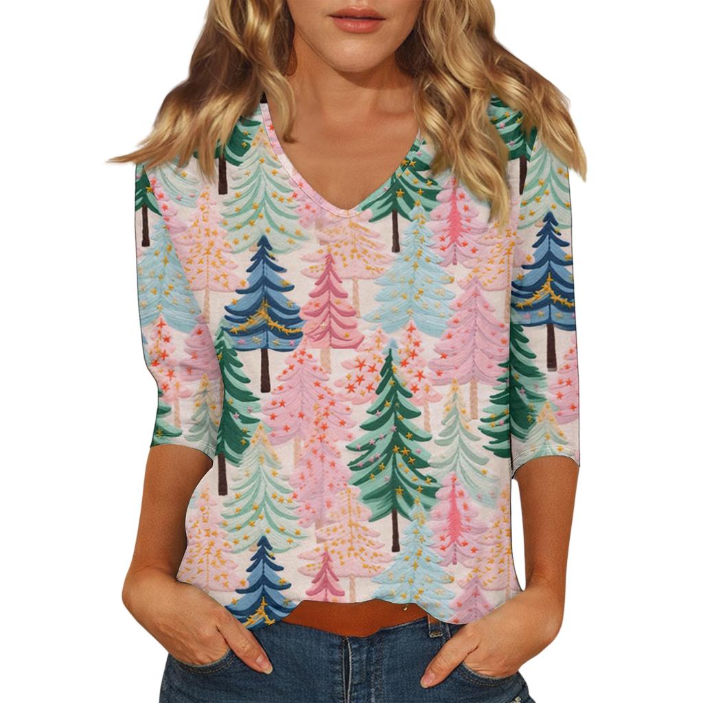 Women's Casual Fashionable Sexy Comfortable V-Neck Christmas Three-Quarter Sleeve Top