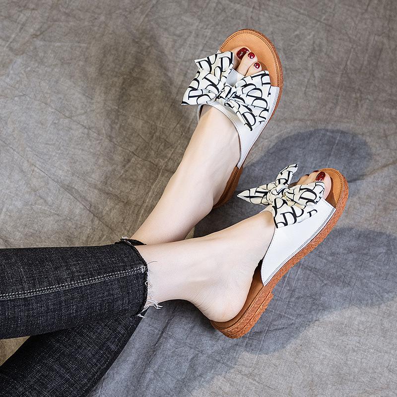 Cowhide 2025 New Summer Daily Leisure Height Increase One-character Bow Cover Foot Flat Heel Soft Sole Rubber Slippers Women