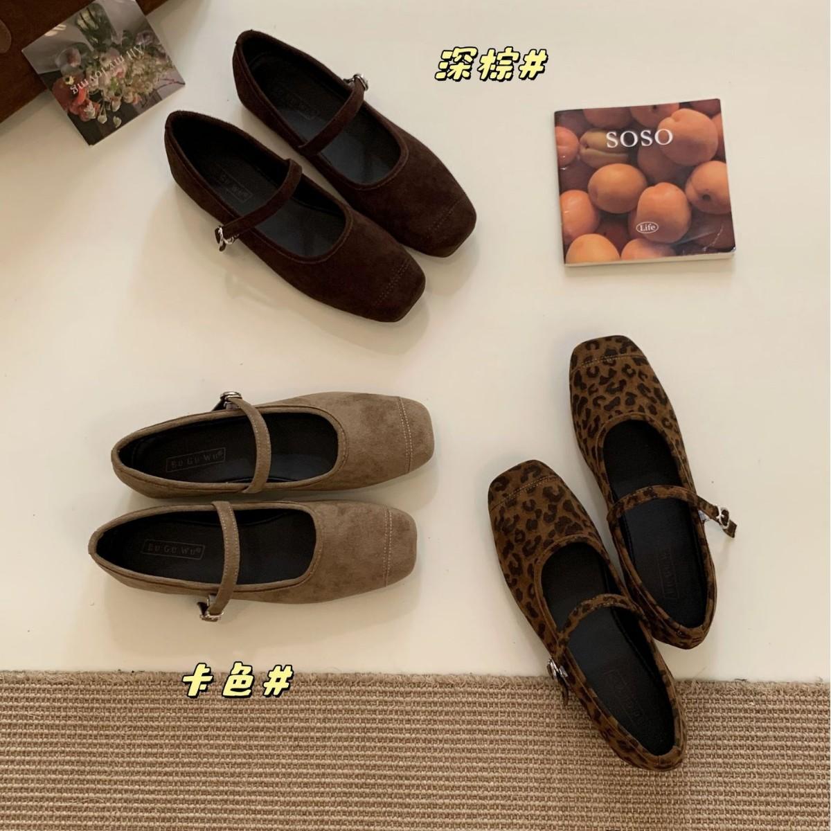 

2025 новые туфли-лодочки с квадратным носком, на плоской подошве, с леопардовым принтом из замши, с открытым верхом, универсальные, женские туфли Doudou 40 темный кофе