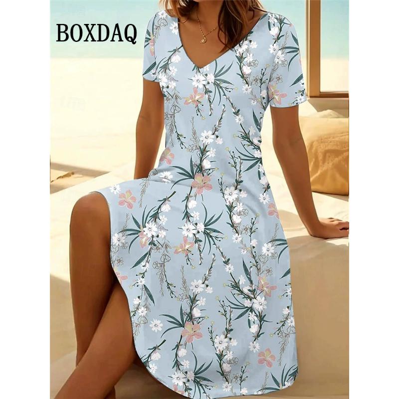 Vintage Summer Dress Women's V-Neck Flowers Printed Casual Beach Vacation Short-Sleeved Dress Loose Women Plus Size Dresses 6XL