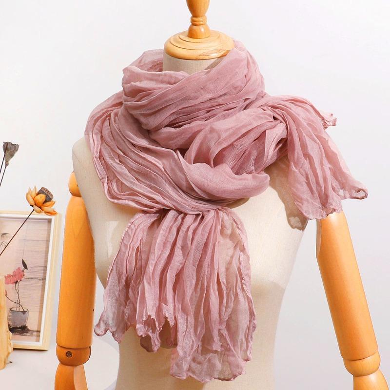 All-Season French-Style Vintage Solid Color Crinkle Pleated Scarf Lightweight Pleated Neck Scarf Shawl, Versatile Solid Color Autumn and Winter