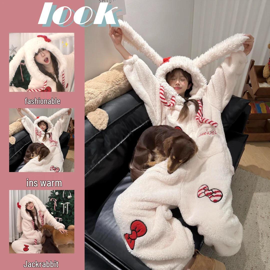 Women s Plush Coral Fleece Rabbit Pajamas with Bowknot S