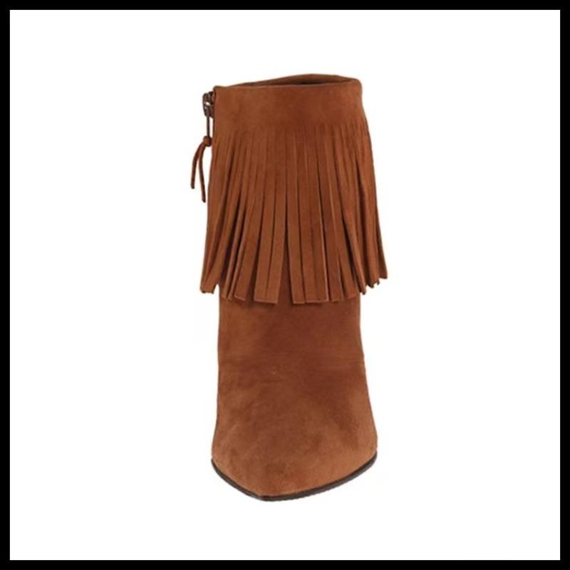 Bottes de cowboy rétro ethniques western pour femme, pointure 42, talons carrés moyens, franges à pompons, bottes hautes jusqu'aux genoux, chaussures d'hiver pour femme