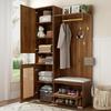 Hallway Set, Wardrobe Set with Mirror, 6 Golden Coat Hooks, Shoe Cabinet, Wall Coat Rack, Upper Storage Compartment, Bench and 16-Color LED Lighting