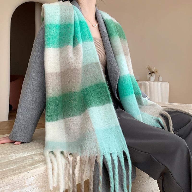 Winter New Scarf Women's Winter Thickened Warm Scarf Colored Plaid Fringed Scarf Shawl Fashionable Outer Cover