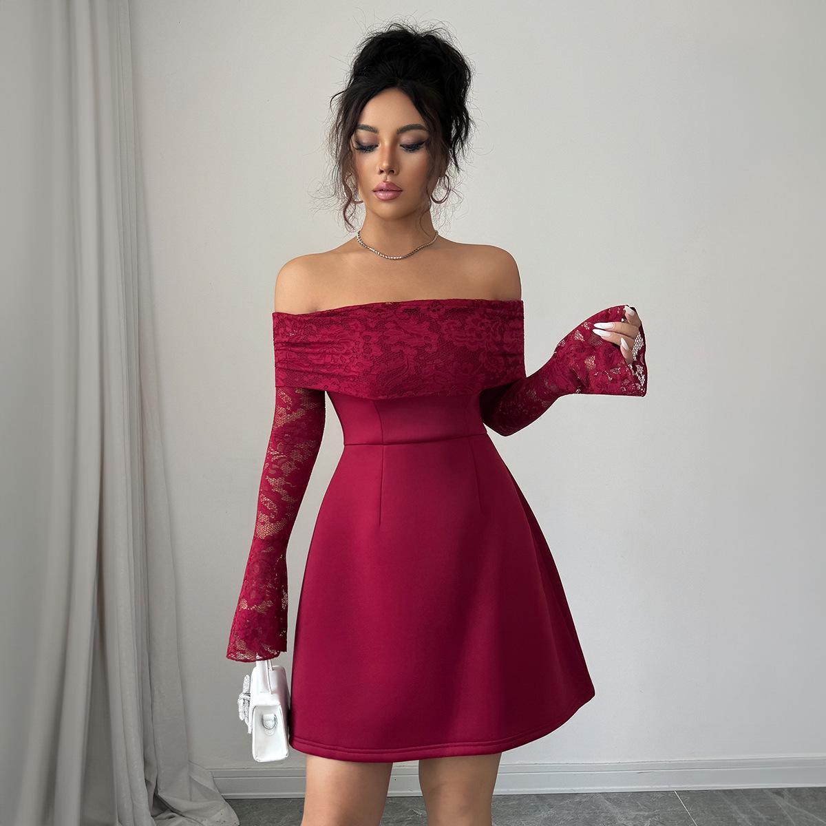 Cross-border European and American elegant wind tube top lace long-sleeved long dress dress women s clothing autumn and winter independent S бордовый