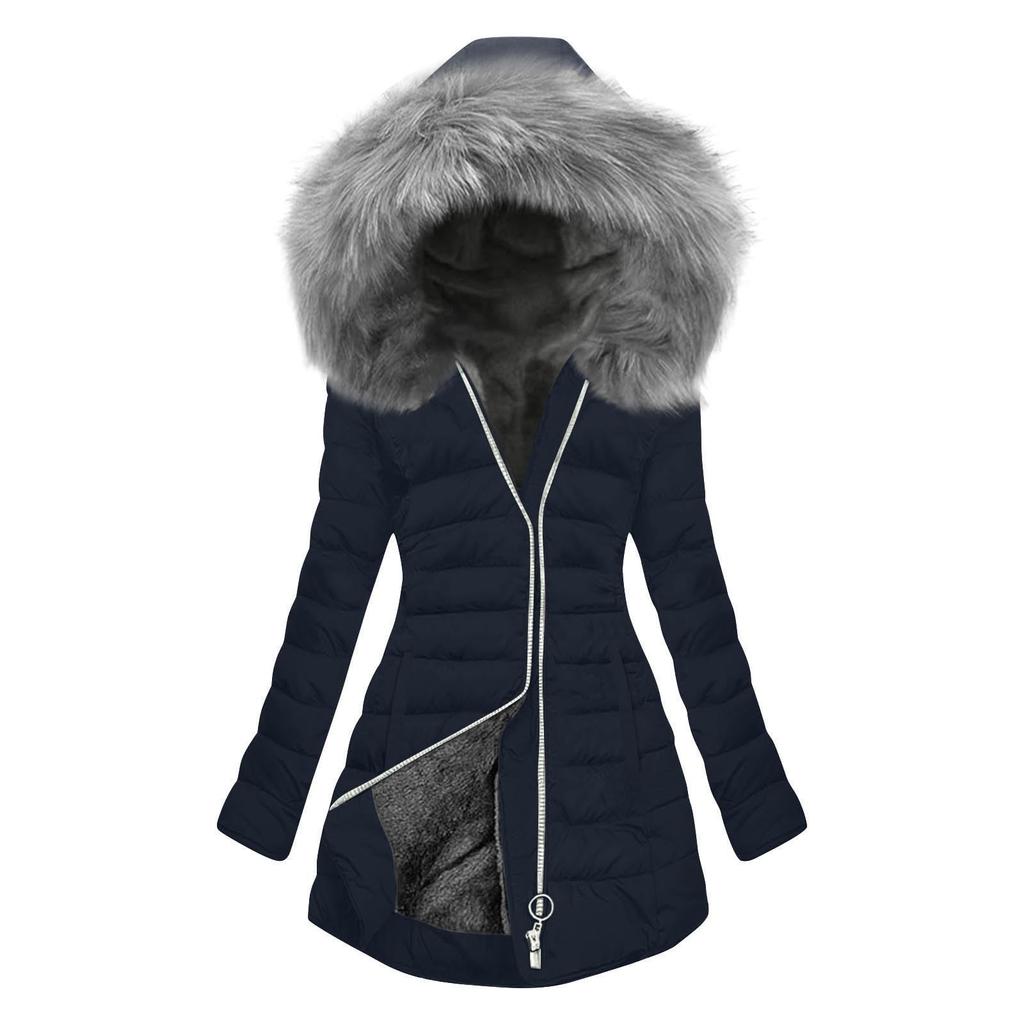 Women's Fashion Winter Solid Color Long Sleeved Hooded Long Zipper Cotton Jacket Warm Coat Down Jacket