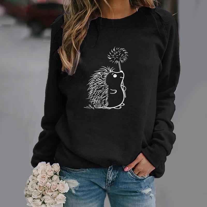 Pull imprimé à motif hérisson mignon pour femme, sweat-shirt à manches longues et col ras du cou confortable