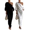 Women's Summer Dress One Shoulder Long Sleeve Cocktail Party Dress Casual Bodycon Ruched Wrap Split Maxi Dress with Pockets