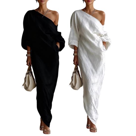 Women's Summer Dress One Shoulder Long Sleeve Cocktail Party Dress Casual Bodycon Ruched Wrap Split Maxi Dress with Pockets