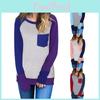 Womens Autumn Tops Round Collar Stitched Color Long Sleeve Pocket Tshirt