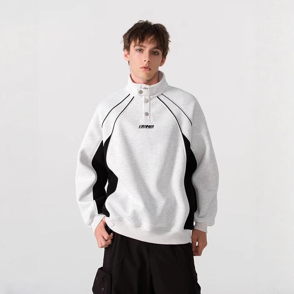 2025 Trendy Hong Kong Style Color Block Polo Shirt with Embroidery Lettering - Men's Retro Loose Hoodie