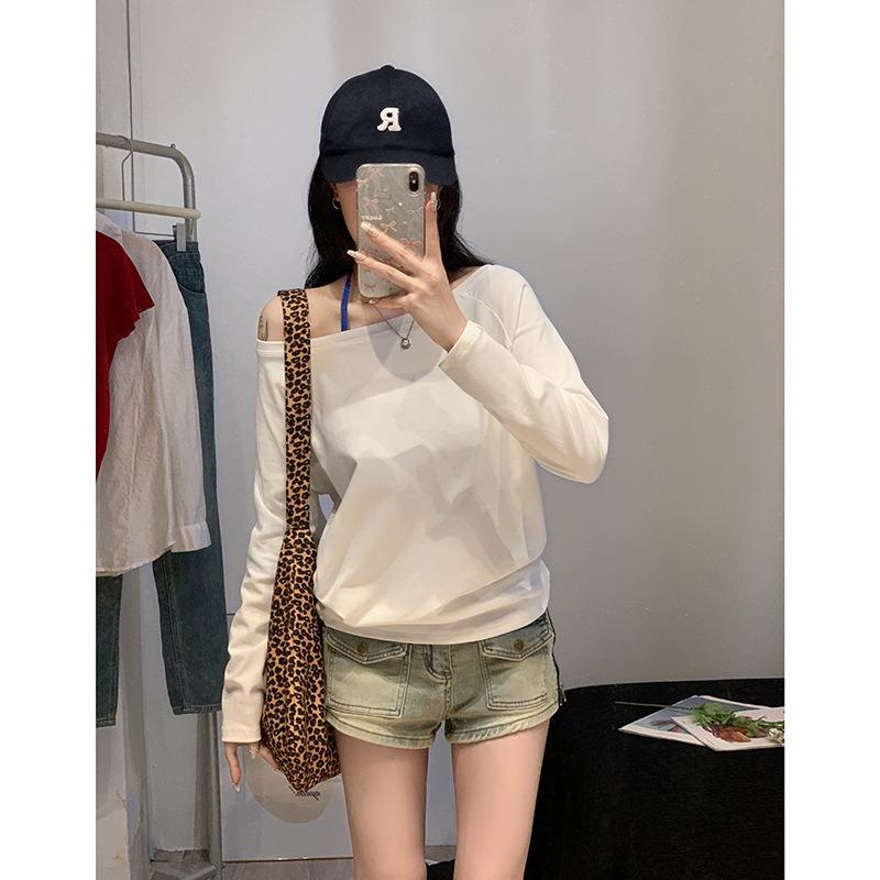 Spring Autumn Sloping Shoulders Solid Color T-shirt Women Long Sleeve Casual Fashion All-match Pullover Tee Top