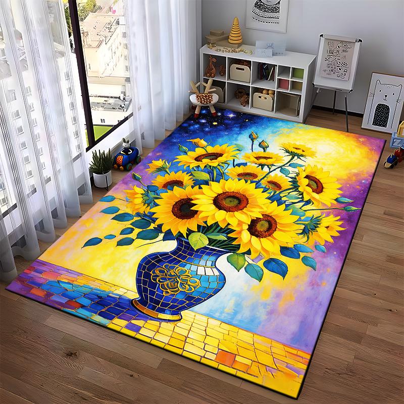 Bunter Sonnenblumen-Vasenmuster-Teppich, Helles florales Kunstdesign-Teppich Geeignet für die Verwendung als Antirutsch-Matte für Wohnzimmer, Schlafzimmer, Sofas